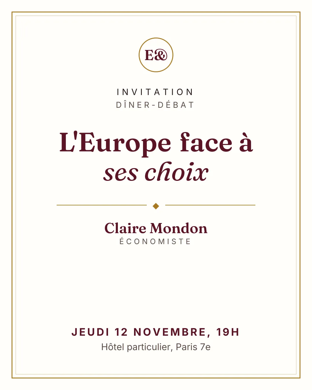 Carton classique d'un dîner-débat : titre en caractères élégants, intervenant, date, lieu