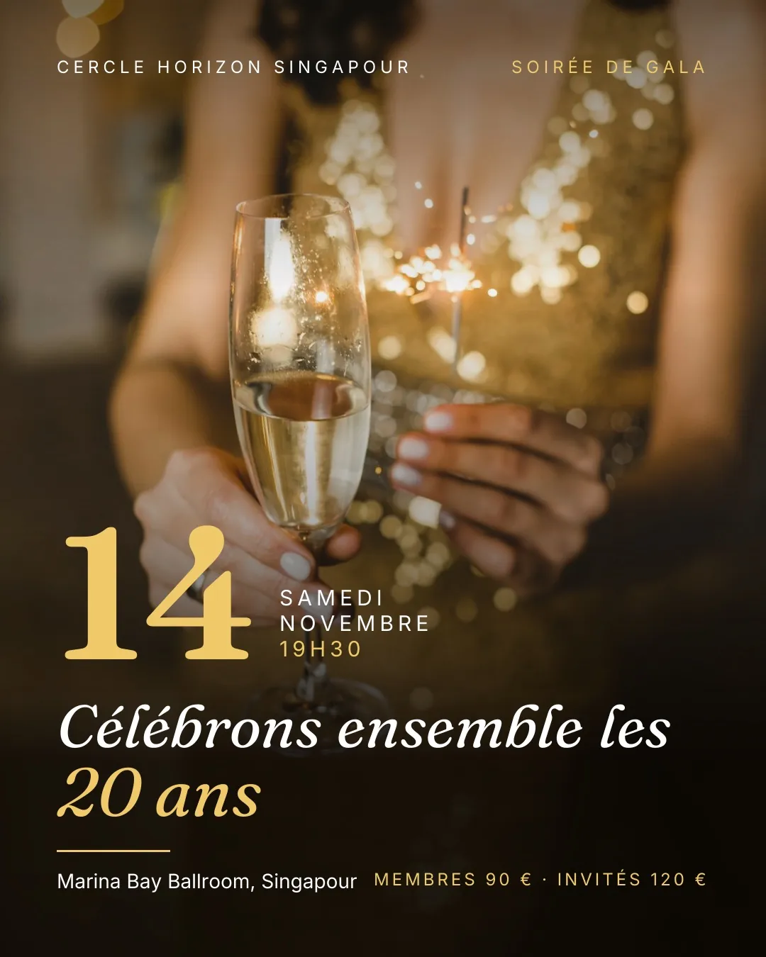 Flyer photo de la même soirée : une coupe de champagne, la date en grand