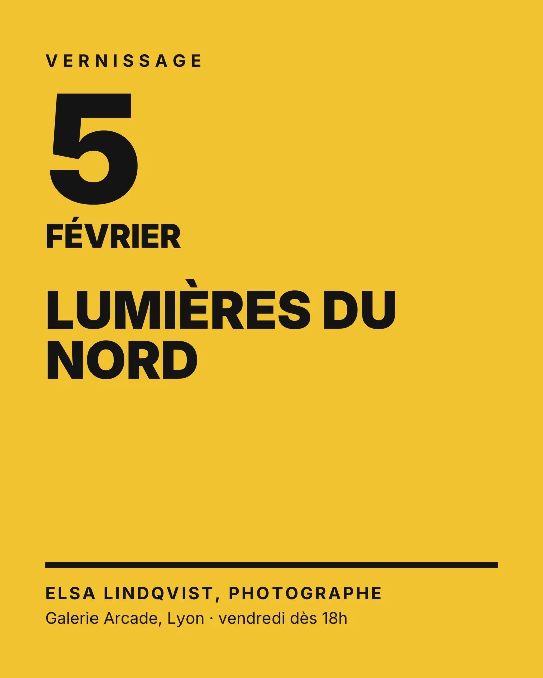 Affiche d'un vernissage de photographies : grande date, titre de l'exposition, nom de l'artiste, galerie
