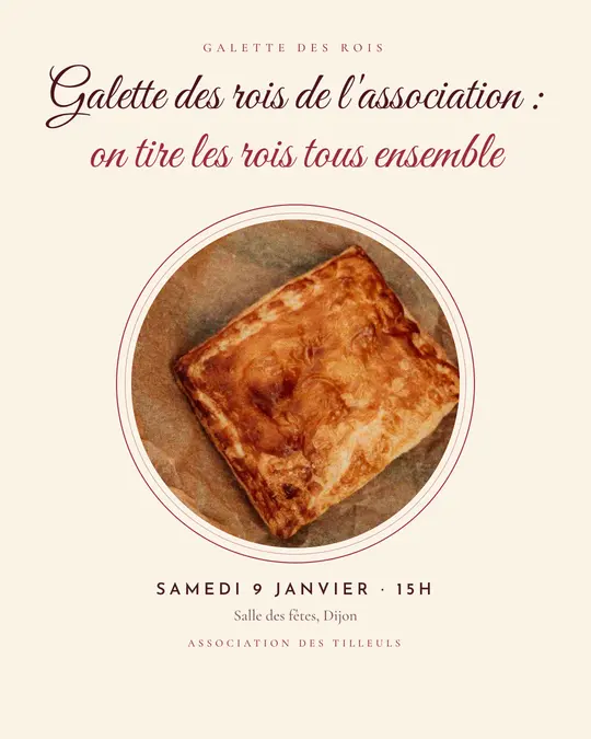 Flyer d'exemple, modèle « Médaillon · Crème et bordeaux », occasion Épiphanie : « Galette des rois de l'association : on tire les rois tous ensemble »