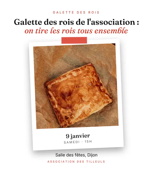 Flyer d'exemple, modèle « Tirage · Blanc et rouge », occasion Épiphanie : « Galette des rois de l'association : on tire les rois tous ensemble »