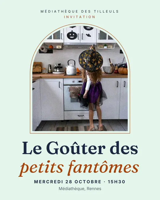 Flyer d'exemple, modèle « Arche · Fantôme et menthe », occasion Halloween : « Le Goûter des petits fantômes »