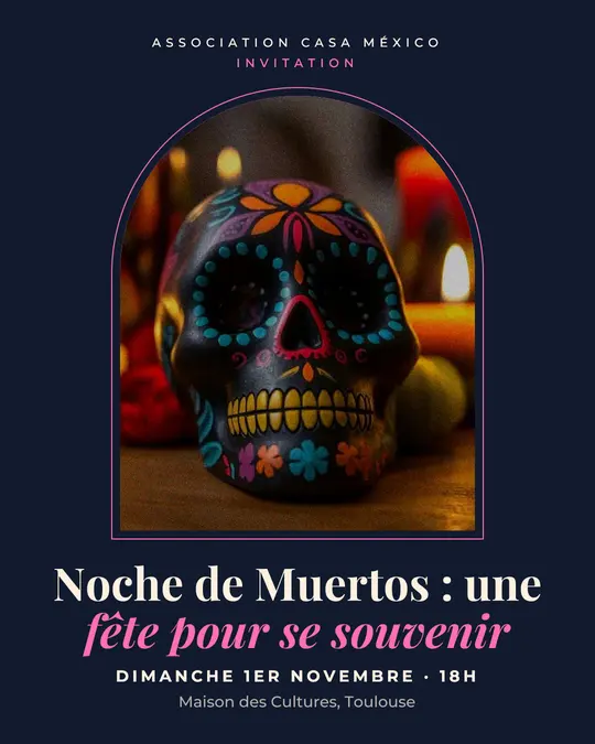 Flyer d'exemple, modèle « Arche · Nuit de Muertos », occasion Halloween : « Noche de Muertos : une fête pour se souvenir »