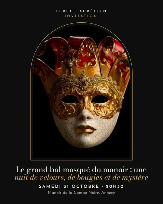 Flyer d'exemple, modèle « Arche · Noir et or », occasion Halloween : « Le grand bal masqué du manoir : une nuit de velours, de bougies et de mystère »
