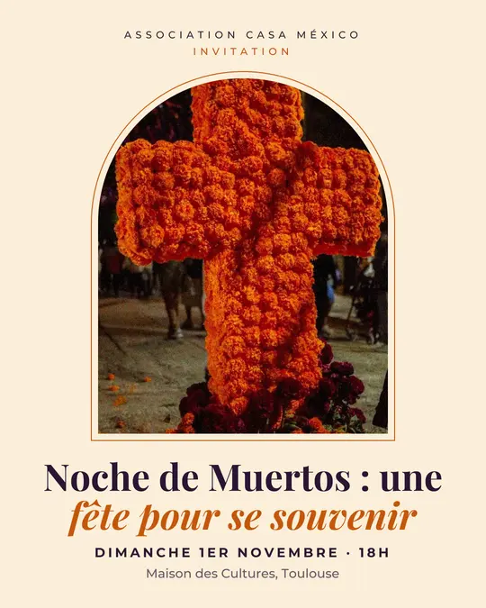 Flyer d'exemple, modèle « Arche · Papier et citrouille », occasion Halloween : « Noche de Muertos : une fête pour se souvenir »