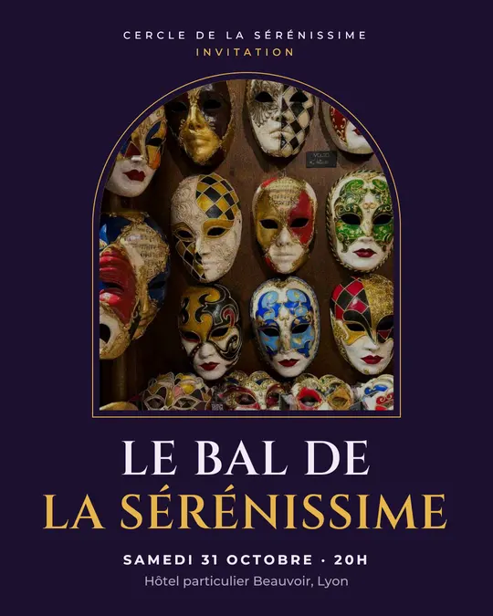 Flyer d'exemple, modèle « Arche · Violet nuit et or », occasion Halloween : « Le Bal de la Sérénissime »