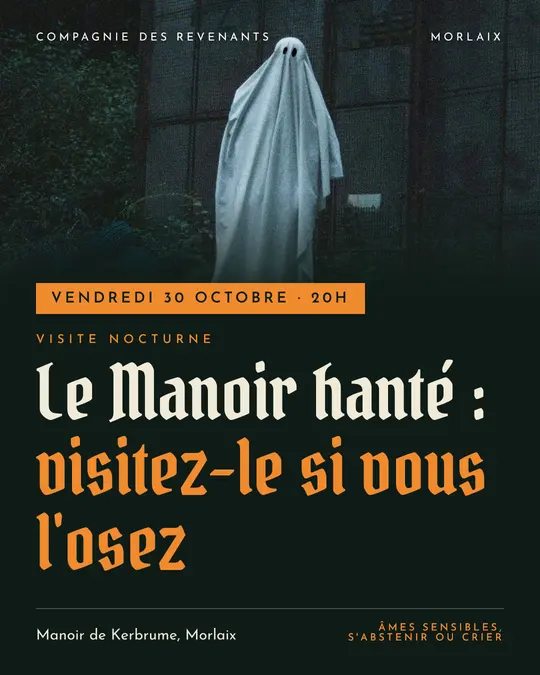 Flyer d'exemple, modèle « Bandeau · Forêt et citrouille », occasion Halloween : « Le Manoir hanté : visitez-le si vous l'osez »
