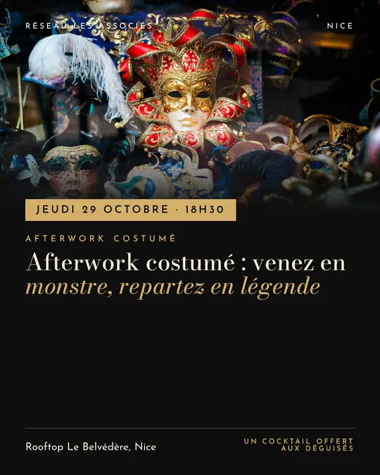 Flyer d'exemple, modèle « Bandeau · Noir et or », occasion Halloween : « Afterwork costumé : venez en monstre, repartez en légende »