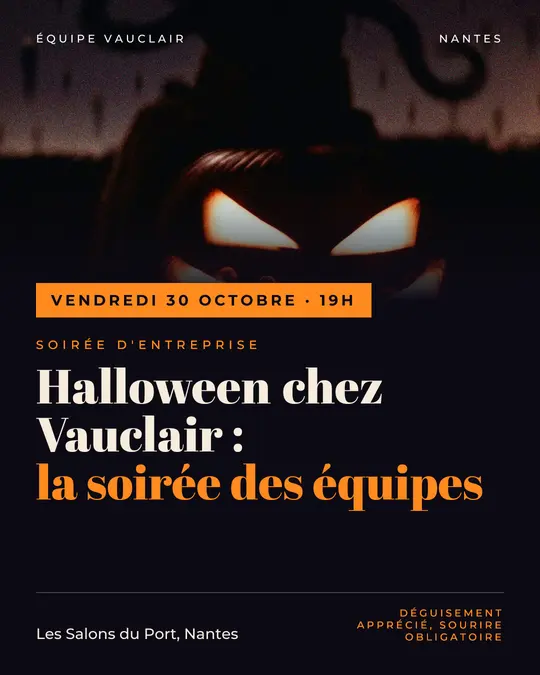 Flyer d'exemple, modèle « Bandeau · Nuit et citrouille », occasion Halloween : « Halloween chez Vauclair : la soirée des équipes »