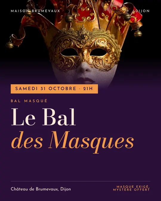 Flyer d'exemple, modèle « Bandeau · Pourpre et cuivre », occasion Halloween : « Le Bal des Masques »