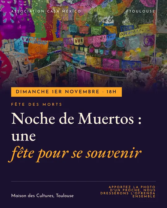 Flyer d'exemple, modèle « Bandeau · Souci et nuit », occasion Halloween : « Noche de Muertos : une fête pour se souvenir »