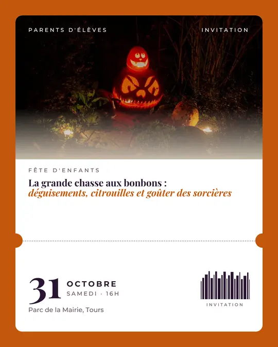 Flyer d'exemple, modèle « Billet · Papier et citrouille », occasion Halloween : « La grande chasse aux bonbons : déguisements, citrouilles et goûter des sorcières »