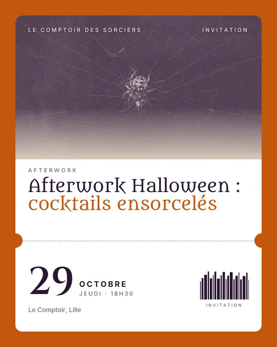 Flyer d'exemple, modèle « Billet · Papier et citrouille », occasion Halloween : « Afterwork Halloween : cocktails ensorcelés »