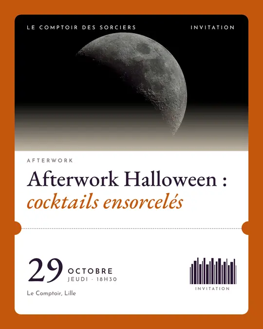 Flyer d'exemple, modèle « Billet · Papier et citrouille », occasion Halloween : « Afterwork Halloween : cocktails ensorcelés »