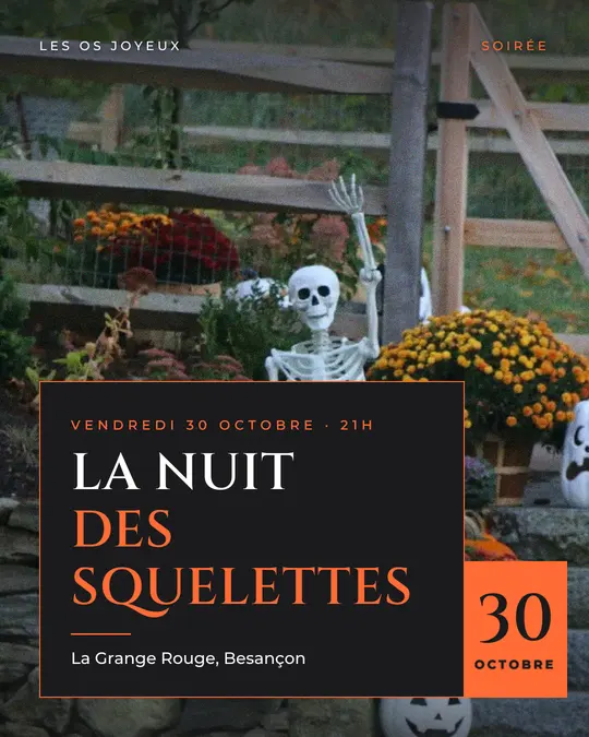 Flyer d'exemple, modèle « Carte posée · Anthracite orangé », occasion Halloween : « La Nuit des squelettes »