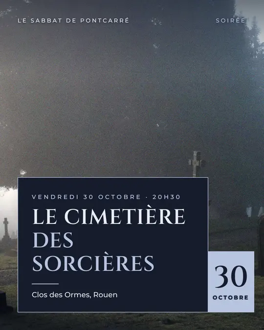Flyer d'exemple, modèle « Carte posée · Brume de lune », occasion Halloween : « Le Cimetière des sorcières »