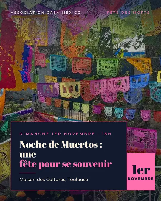 Flyer d'exemple, modèle « Carte posée · Nuit de Muertos », occasion Halloween : « Noche de Muertos : une fête pour se souvenir »