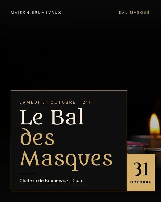 Flyer d'exemple, modèle « Carte posée · Noir et or », occasion Halloween : « Le Bal des Masques »