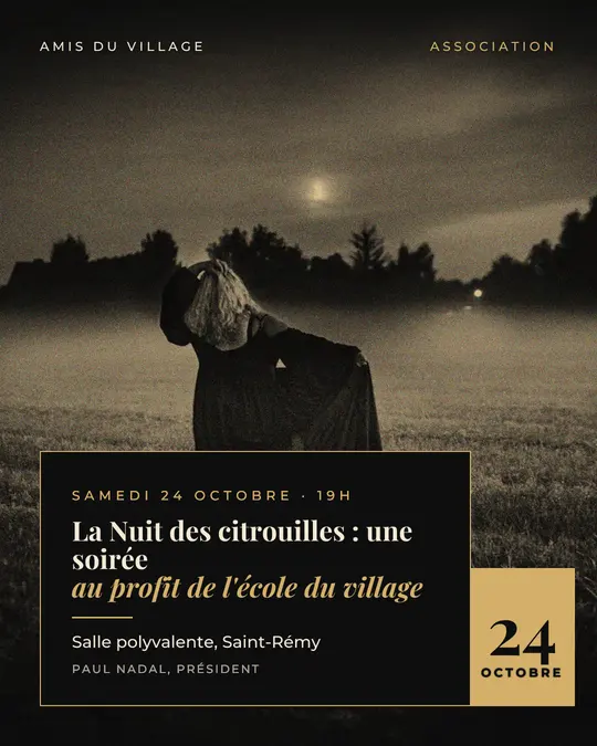 Flyer d'exemple, modèle « Carte posée · Noir et or », occasion Halloween : « La Nuit des citrouilles : une soirée au profit de l'école du village »