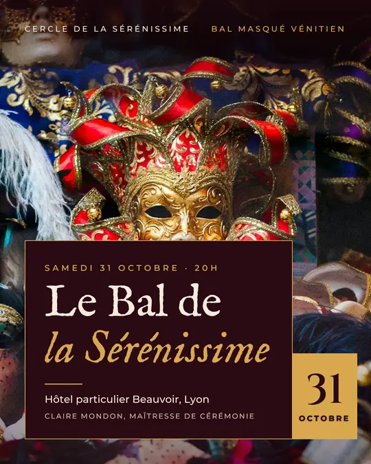 Flyer d'exemple, modèle « Carte posée · Bordeaux sombre et or », occasion Halloween : « Le Bal de la Sérénissime »