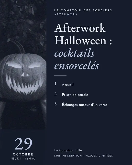 Flyer d'exemple, modèle « Colonne · Brume de lune », occasion Halloween : « Afterwork Halloween : cocktails ensorcelés »