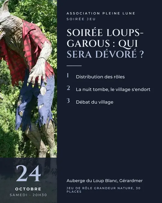 Flyer d'exemple, modèle « Colonne · Brume de lune », occasion Halloween : « Soirée loups-garous : qui sera dévoré ? »