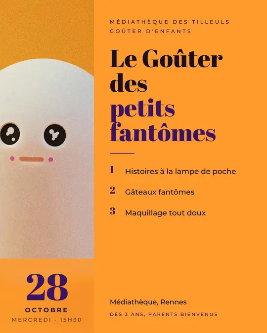Flyer d'exemple, modèle « Colonne · Citrouille vive », occasion Halloween : « Le Goûter des petits fantômes »