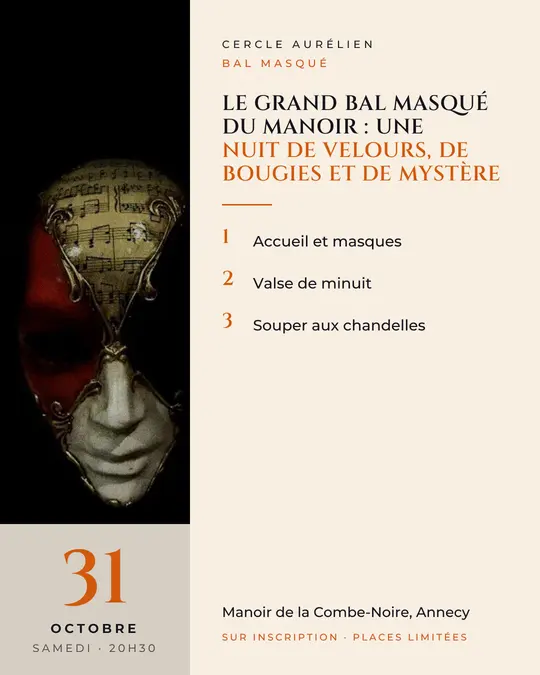 Flyer d'exemple, modèle « Colonne · Crème, noir et orange », occasion Halloween : « Le grand bal masqué du manoir : une nuit de velours, de bougies et de mystère »