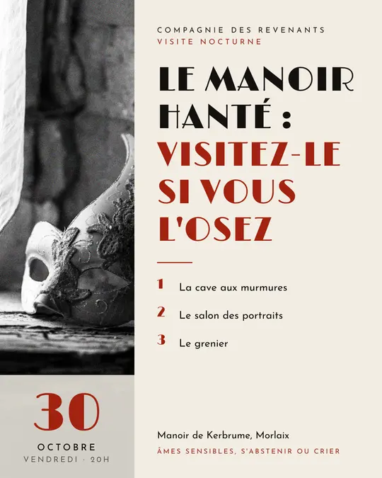 Flyer d'exemple, modèle « Colonne · Os et noir », occasion Halloween : « Le Manoir hanté : visitez-le si vous l'osez »