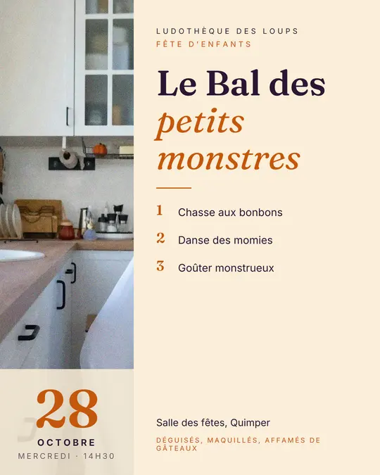 Flyer d'exemple, modèle « Colonne · Papier et citrouille », occasion Halloween : « Le Bal des petits monstres »