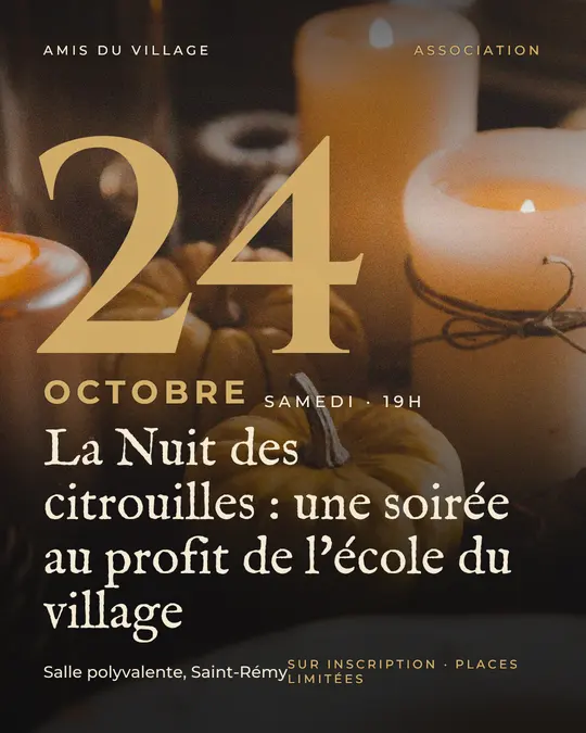 Flyer d'exemple, modèle « Date géante · Noir et or », occasion Halloween : « La Nuit des citrouilles : une soirée au profit de l'école du village »