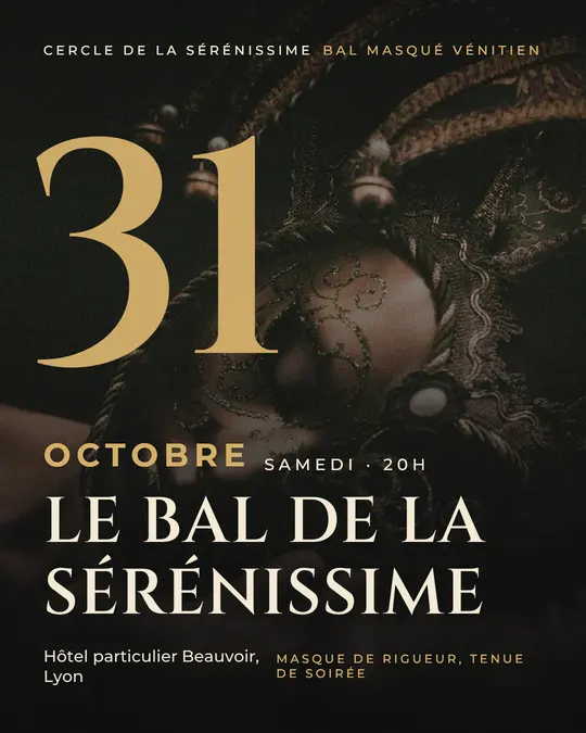Flyer d'exemple, modèle « Date géante · Noir et or », occasion Halloween : « Le Bal de la Sérénissime »