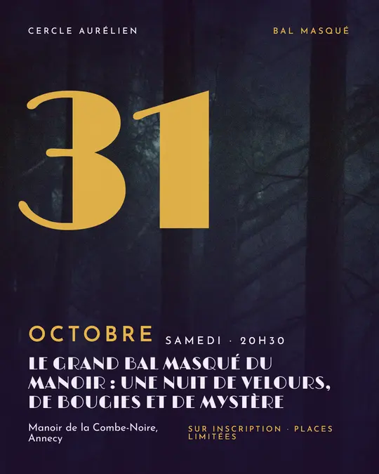 Flyer d'exemple, modèle « Date géante · Violet nuit et or », occasion Halloween : « Le grand bal masqué du manoir : une nuit de velours, de bougies et de mystère »