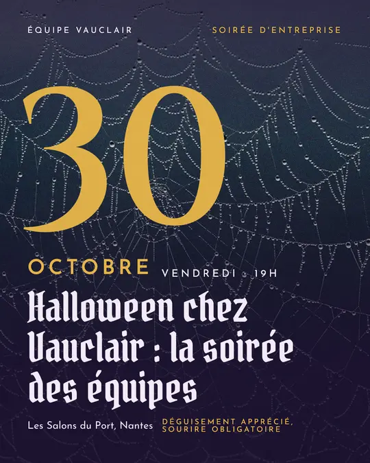 Flyer d'exemple, modèle « Date géante · Violet nuit et or », occasion Halloween : « Halloween chez Vauclair : la soirée des équipes »