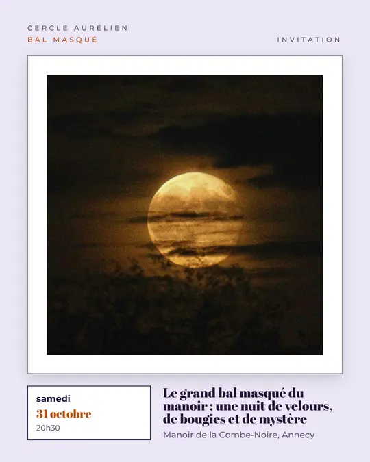 Flyer d'exemple, modèle « Galerie · Brume de lavande », occasion Halloween : « Le grand bal masqué du manoir : une nuit de velours, de bougies et de mystère »
