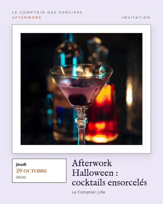 Flyer d'exemple, modèle « Galerie · Brume de lavande », occasion Halloween : « Afterwork Halloween : cocktails ensorcelés »