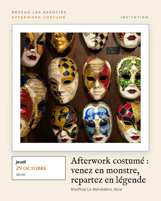 Flyer d'exemple, modèle « Galerie · Crème, noir et orange », occasion Halloween : « Afterwork costumé : venez en monstre, repartez en légende »