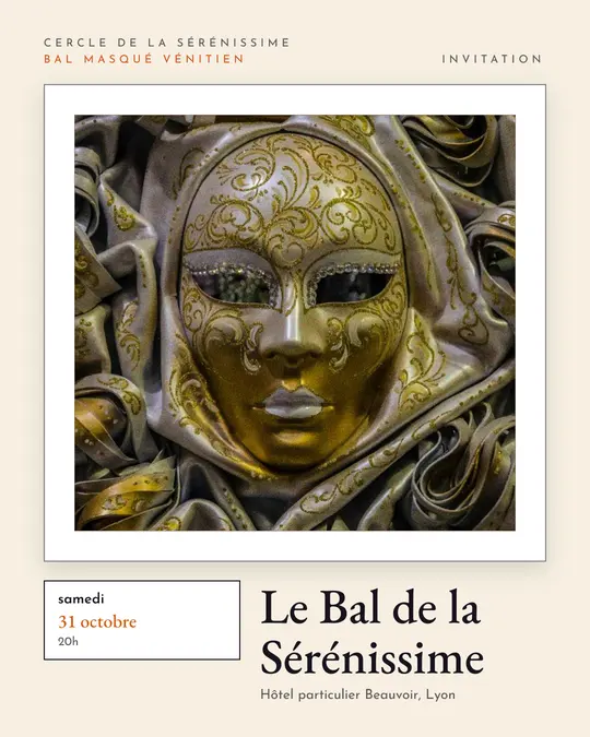 Flyer d'exemple, modèle « Galerie · Crème, noir et orange », occasion Halloween : « Le Bal de la Sérénissime »