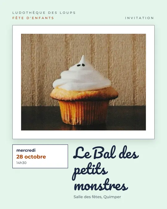Flyer d'exemple, modèle « Galerie · Fantôme et menthe », occasion Halloween : « Le Bal des petits monstres »