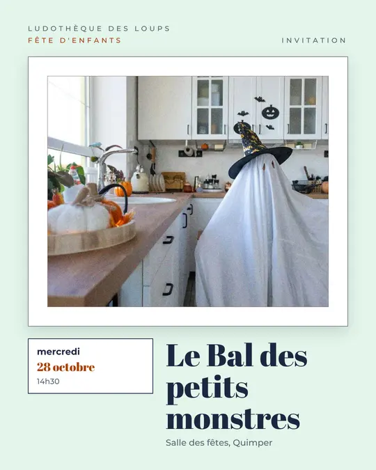 Flyer d'exemple, modèle « Galerie · Fantôme et menthe », occasion Halloween : « Le Bal des petits monstres »