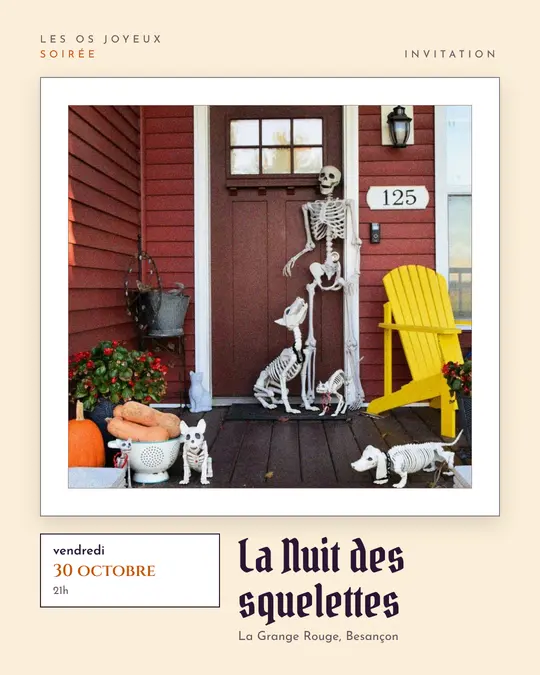 Flyer d'exemple, modèle « Galerie · Papier et citrouille », occasion Halloween : « La Nuit des squelettes »