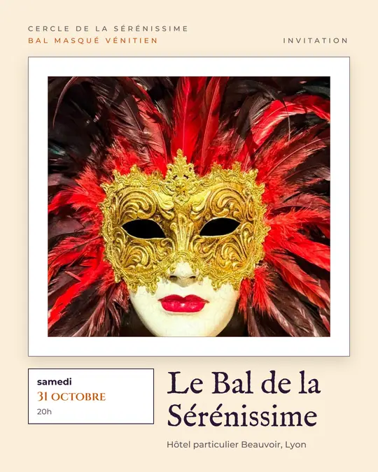 Flyer d'exemple, modèle « Galerie · Papier et citrouille », occasion Halloween : « Le Bal de la Sérénissime »