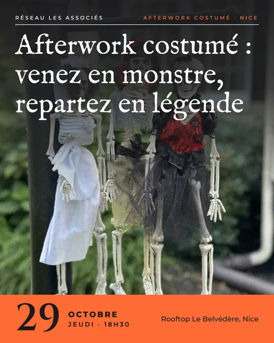 Flyer d'exemple, modèle « Couverture · Anthracite orangé », occasion Halloween : « Afterwork costumé : venez en monstre, repartez en légende »