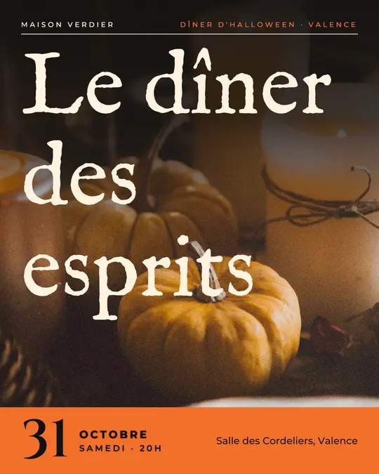 Flyer d'exemple, modèle « Couverture · Encre et orange », occasion Halloween : « Le dîner des esprits »