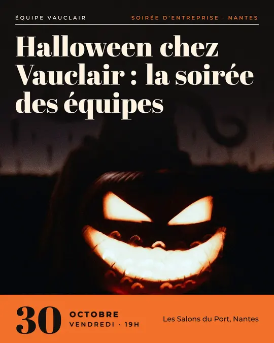 Flyer d'exemple, modèle « Couverture · Encre et orange », occasion Halloween : « Halloween chez Vauclair : la soirée des équipes »