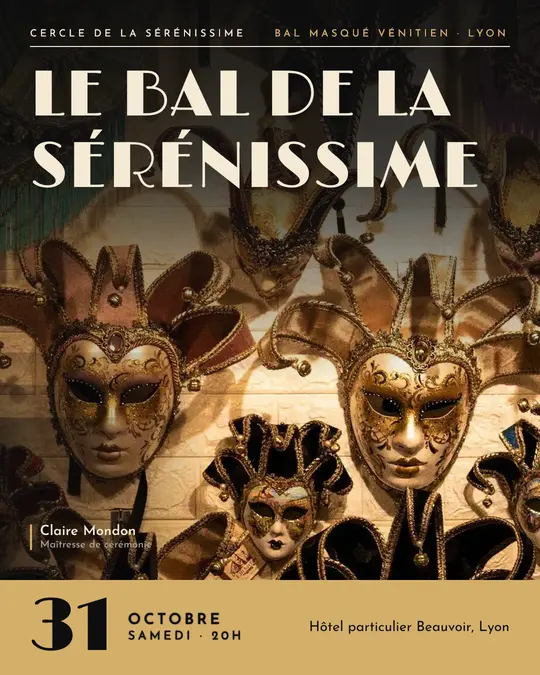 Flyer d'exemple, modèle « Couverture · Noir et or », occasion Halloween : « Le Bal de la Sérénissime »