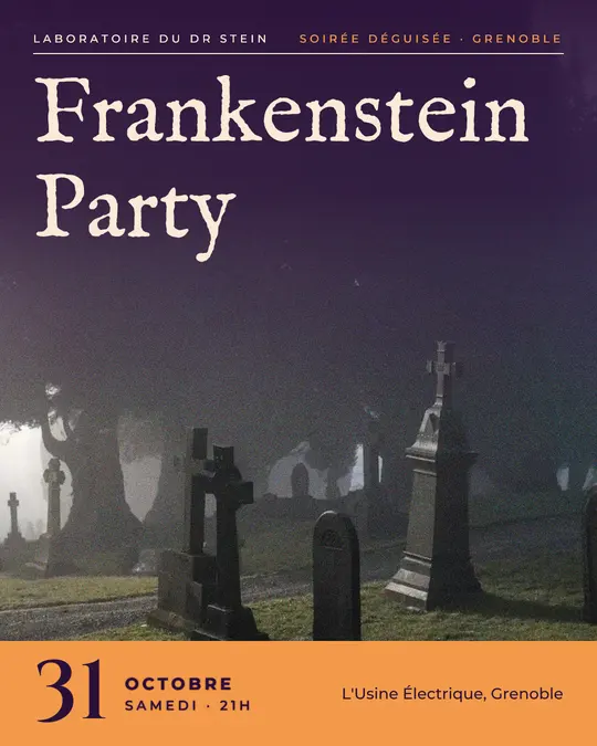 Flyer d'exemple, modèle « Couverture · Pourpre et cuivre », occasion Halloween : « Frankenstein Party »