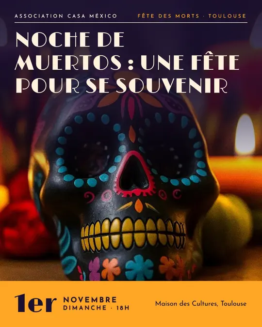 Flyer d'exemple, modèle « Couverture · Souci et nuit », occasion Halloween : « Noche de Muertos : une fête pour se souvenir »