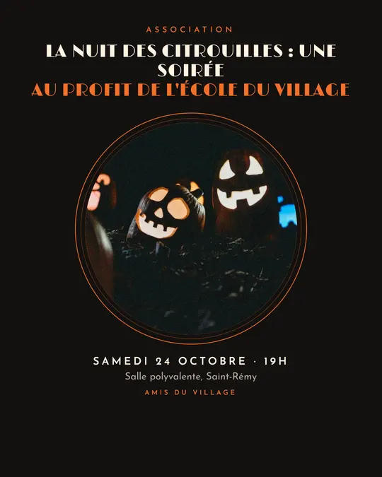 Flyer d'exemple, modèle « Médaillon · Encre et orange », occasion Halloween : « La Nuit des citrouilles : une soirée au profit de l'école du village »