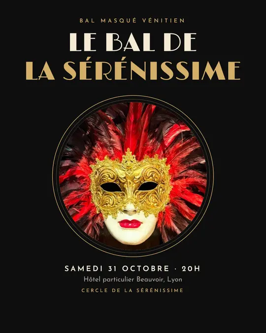 Flyer d'exemple, modèle « Médaillon · Noir et or », occasion Halloween : « Le Bal de la Sérénissime »